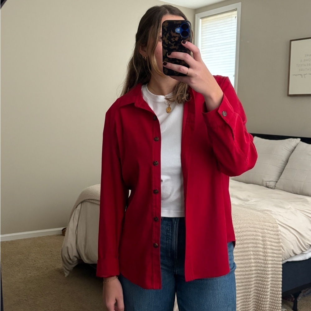 Talbots Red Faux Suede Button Up Long Sleeve Shirt Jacket Women’s Large Fall